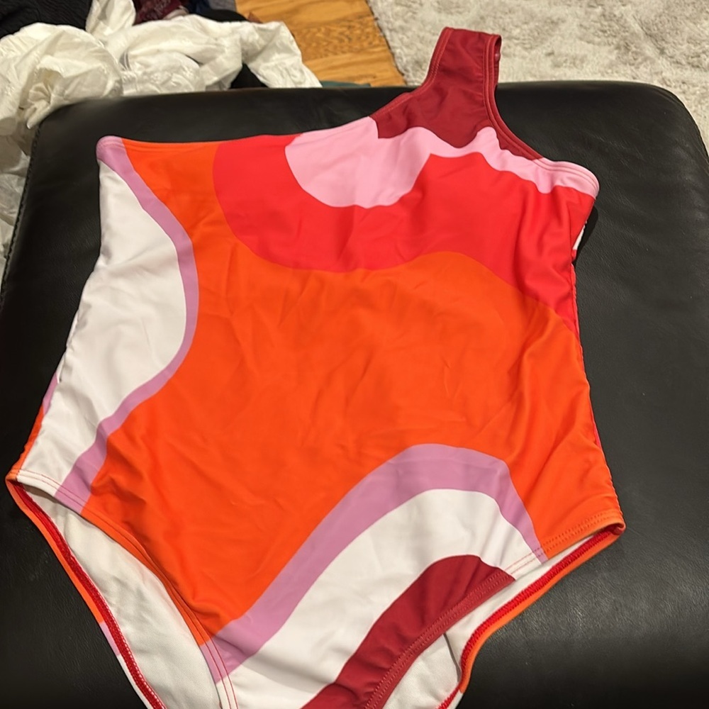 One-Shoulder Colorblock Women's One-Piece Swimsuit - Orange & Pink - Picture 3 of 6
